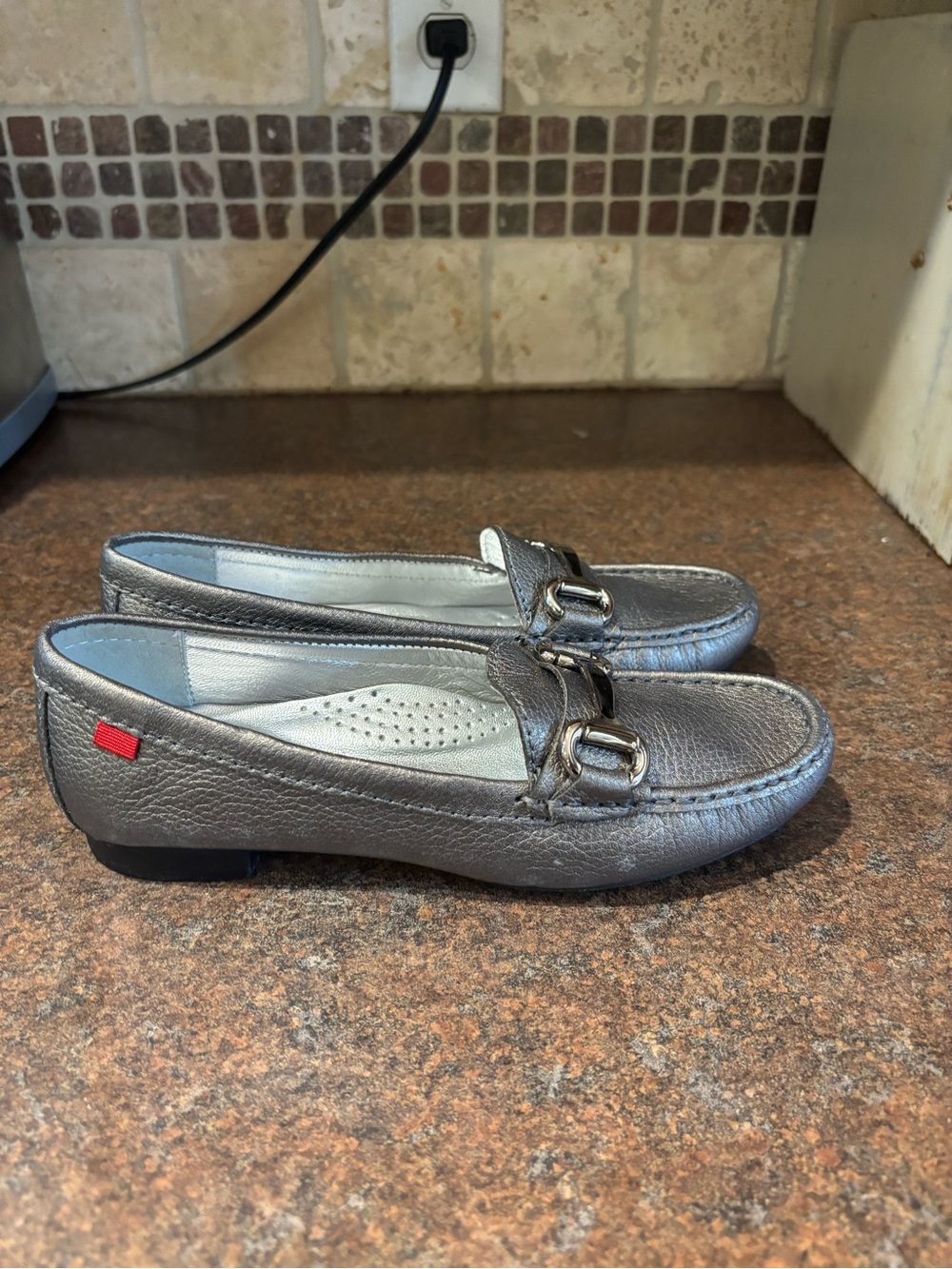 Marc Joseph Metallic Silver Slip-On Loafers with Buckle